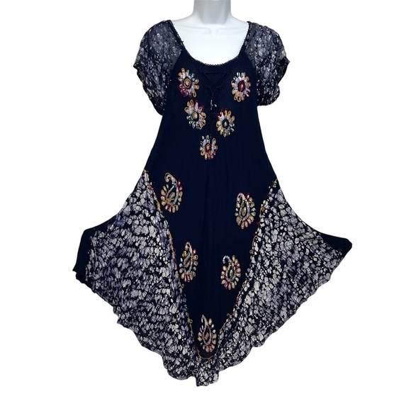 Dresses & Skirts - One Size Hippie Dyed Embroidery Flowy dress Boho Beach Eclectic Coverup